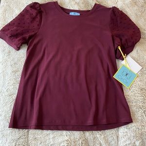 CeCe Puff Sleeve Mixed Media Top in Deep Mulberry